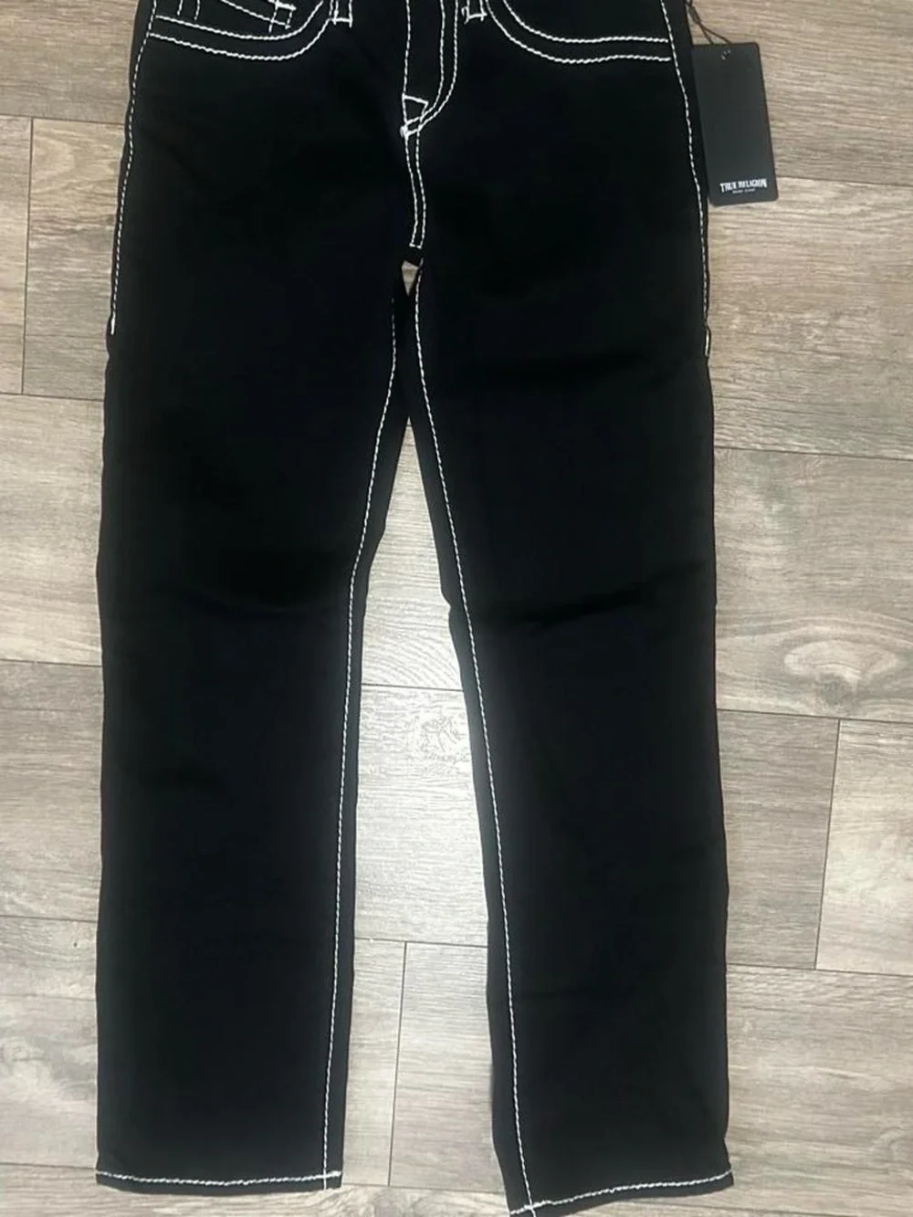 True Religion Black Straight Jeans with White Contrast Stitching